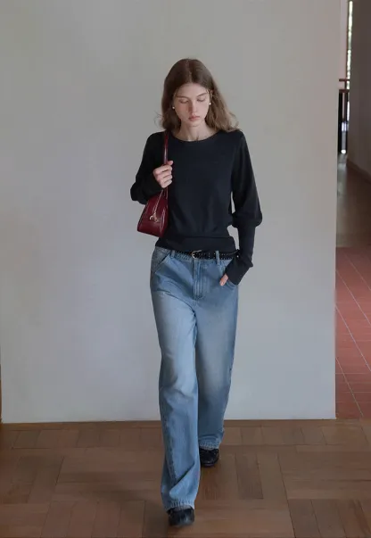 Casual Basic Knitwear, Classic Round Neck Long Sleeve Top