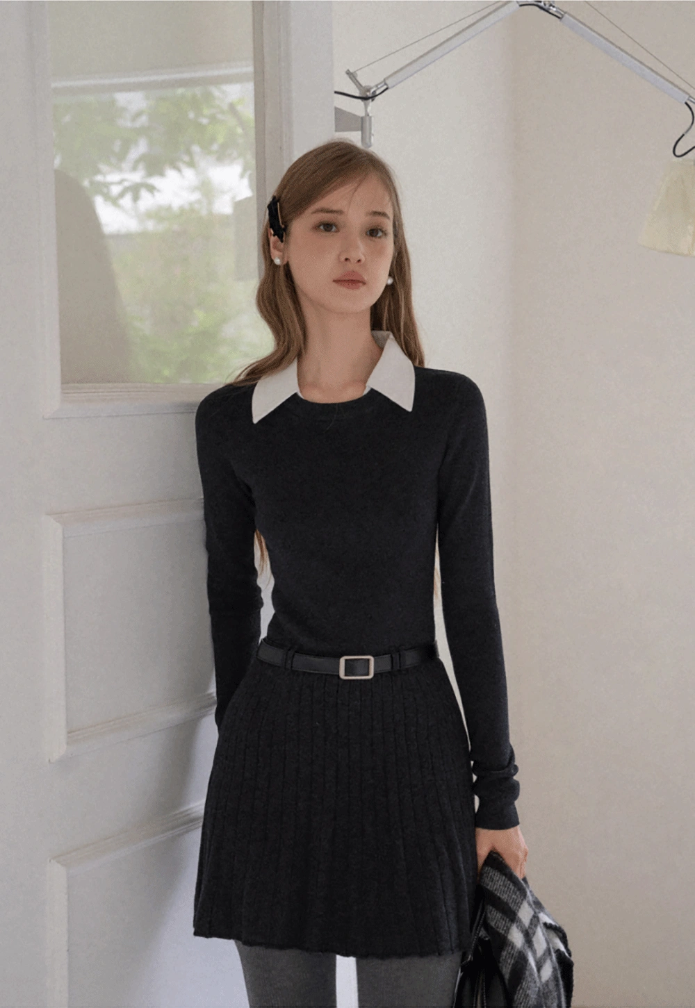 Women Black Sweater Dress with White Collar and Belt