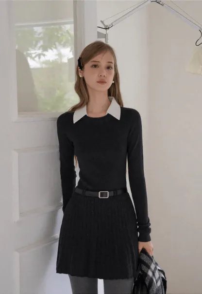 Women Black Sweater Dress with White Collar and Belt