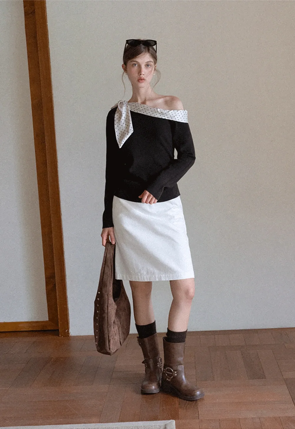 Womens Polka Dot Scarf Neck Long Sleeve Top