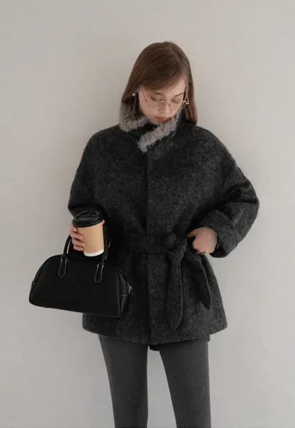 Women Cozy Faux Fur Lapel Wool Coat