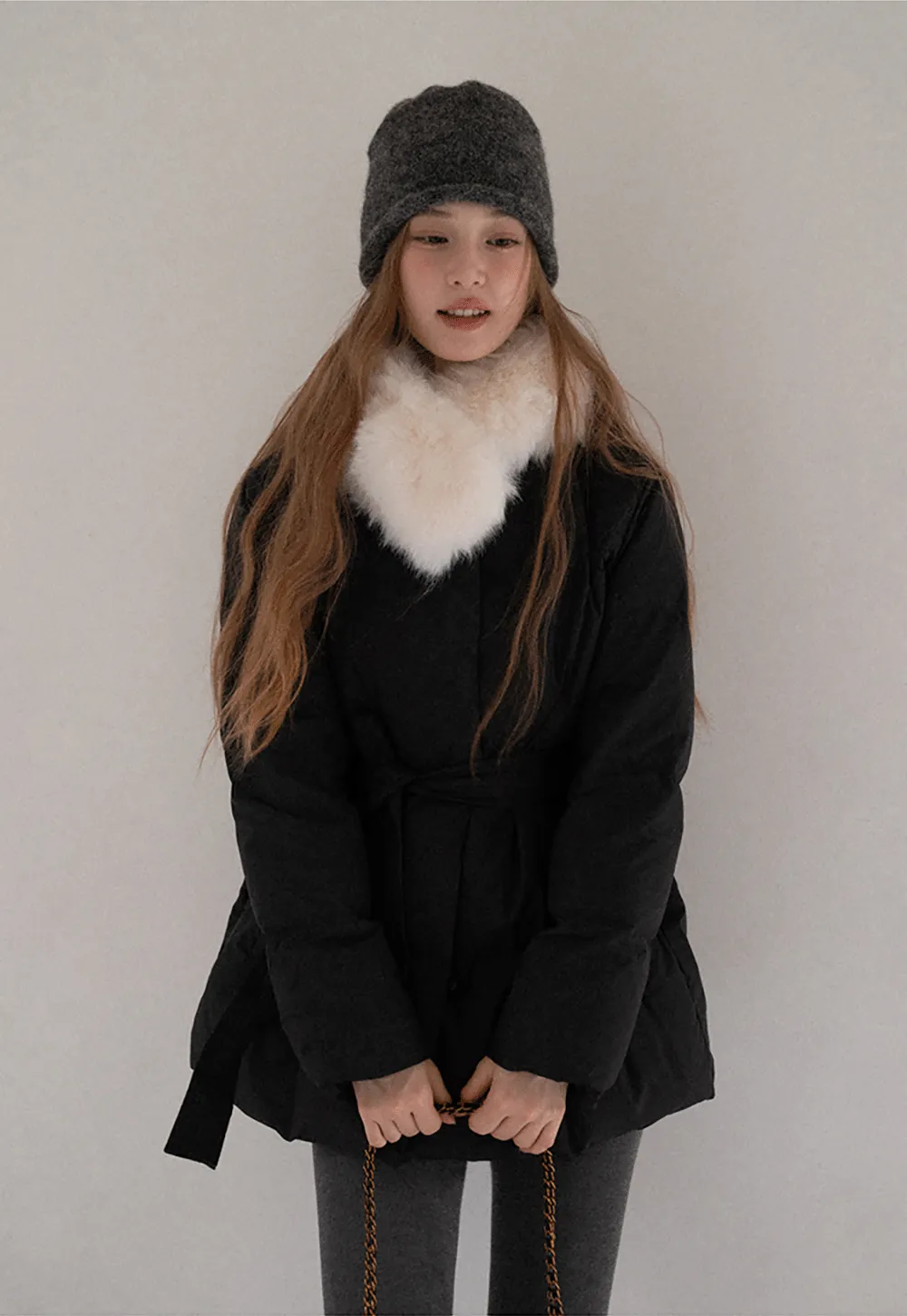 Belted Down Coat with Faux Fur Collar