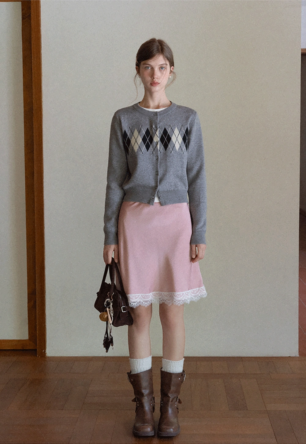 Women Vintage Argyle Pattern Knit Cardigan