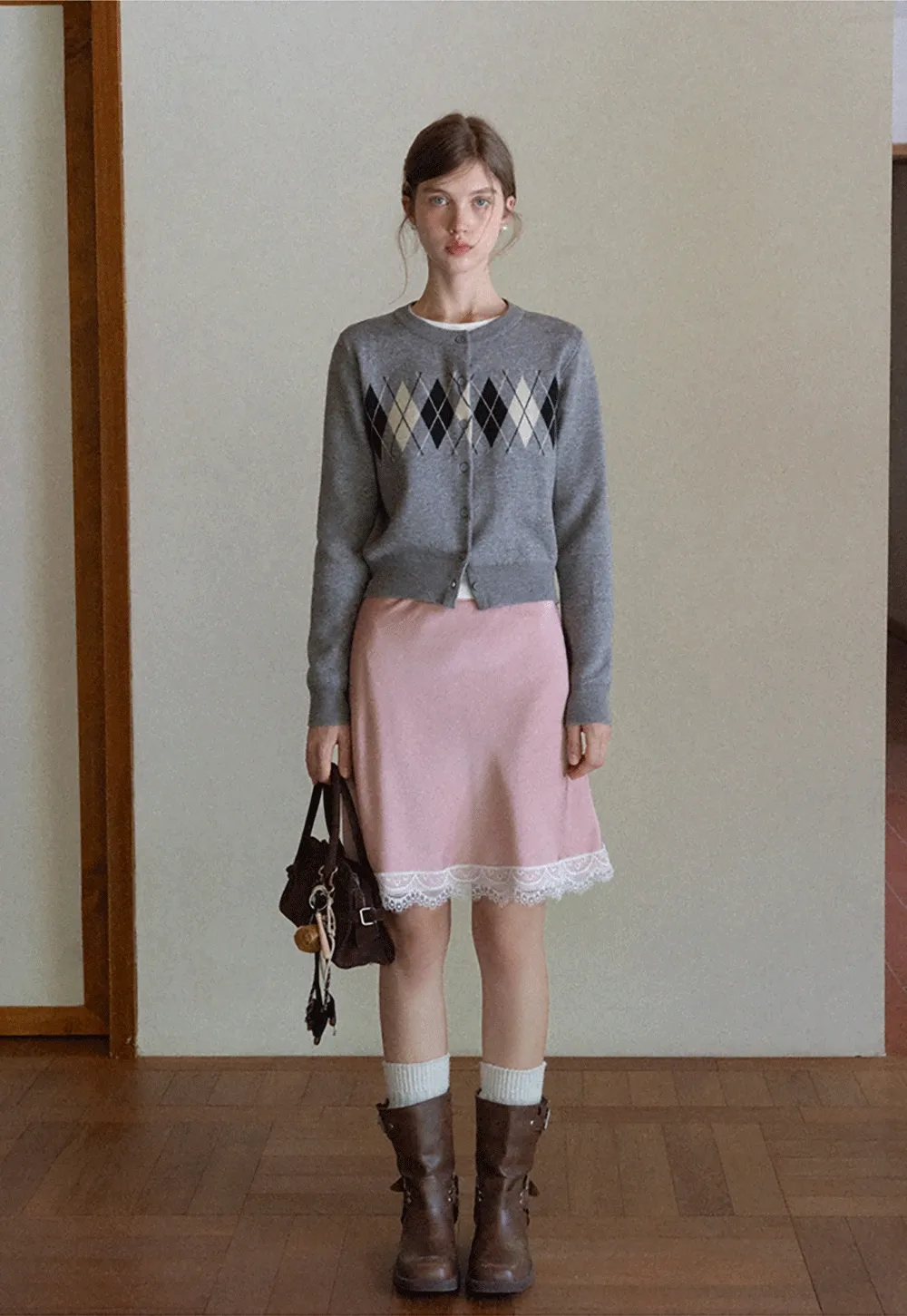 Women Vintage Argyle Pattern Knit Cardigan