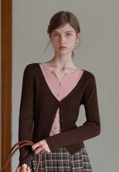 Two Tone Cable Knit Cardigan for Women