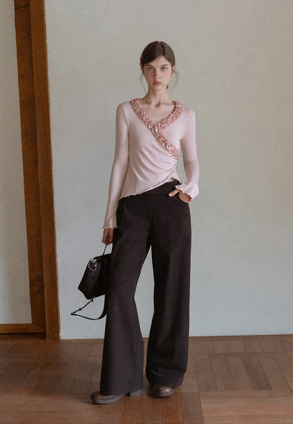 Ruffled V Neck Slim Fit Long Sleeve Tee