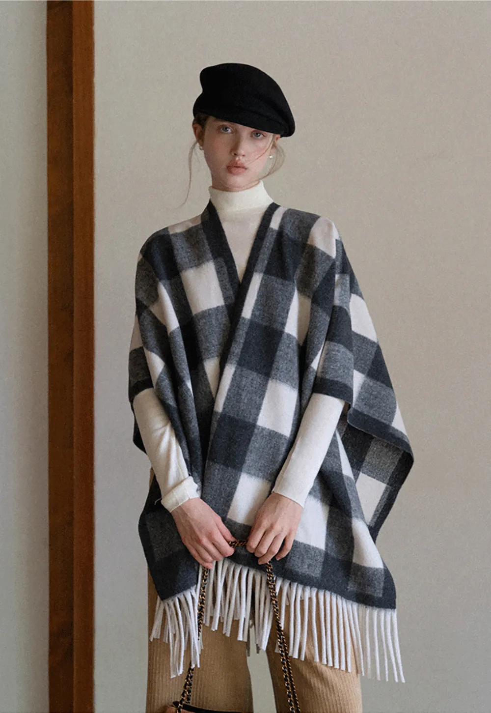 Checked Fringe Poncho