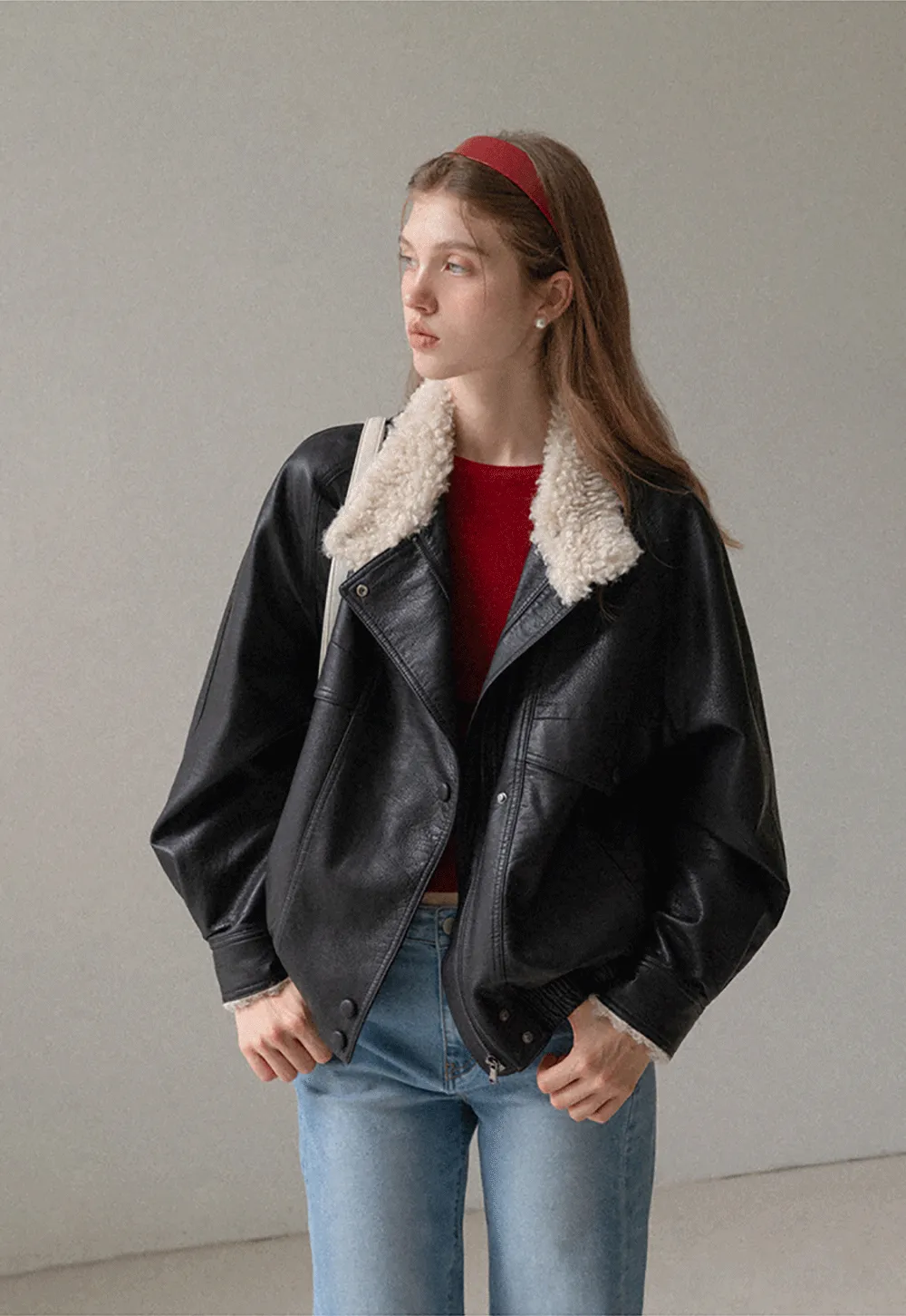 Faux Leather Jacket with Shearling Collar