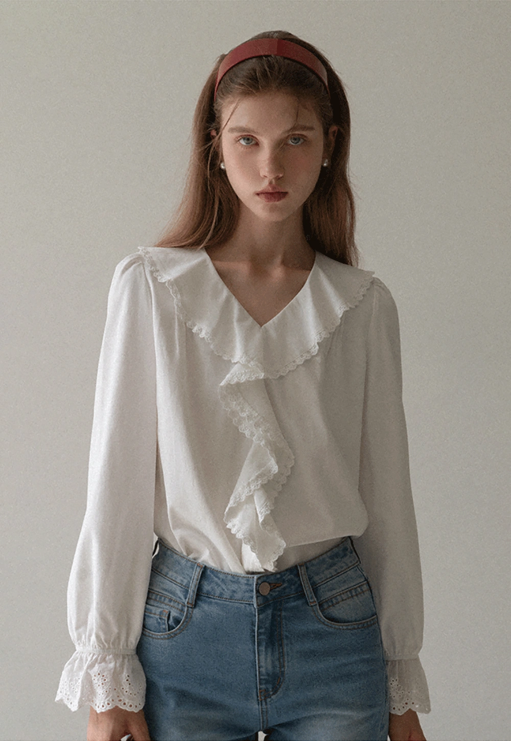 Women Ruffle Lace V Neck Long Sleeve Blouse