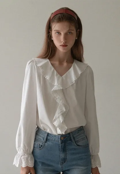 Women Ruffle Lace V Neck Long Sleeve Blouse