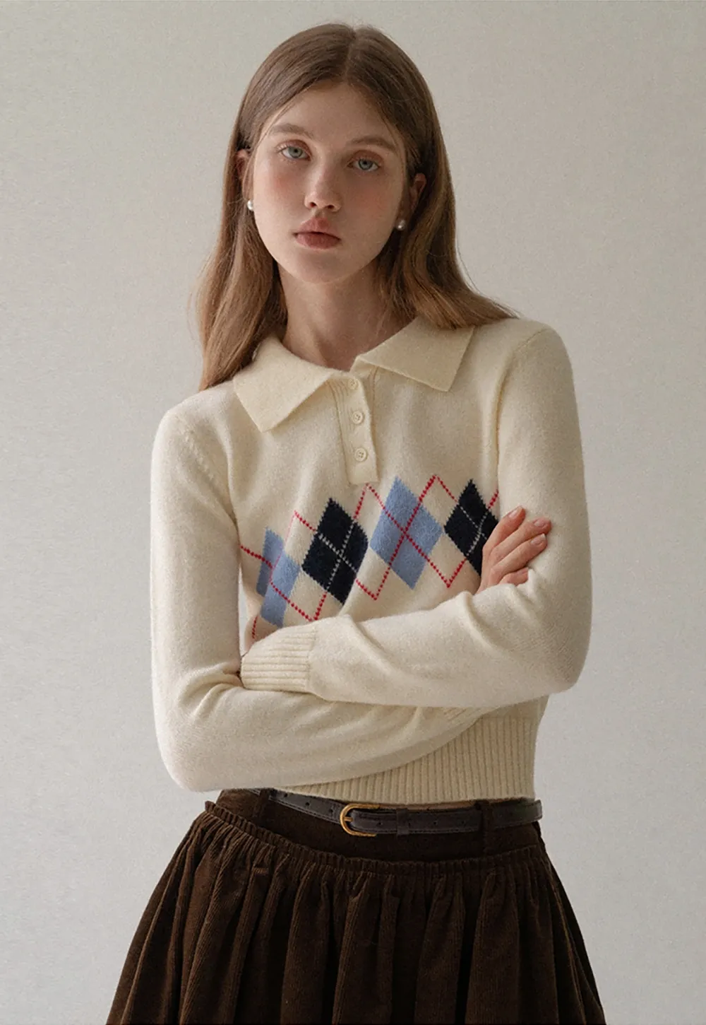 Women Argyle Knit Sweater Collared Long Sleeve Top