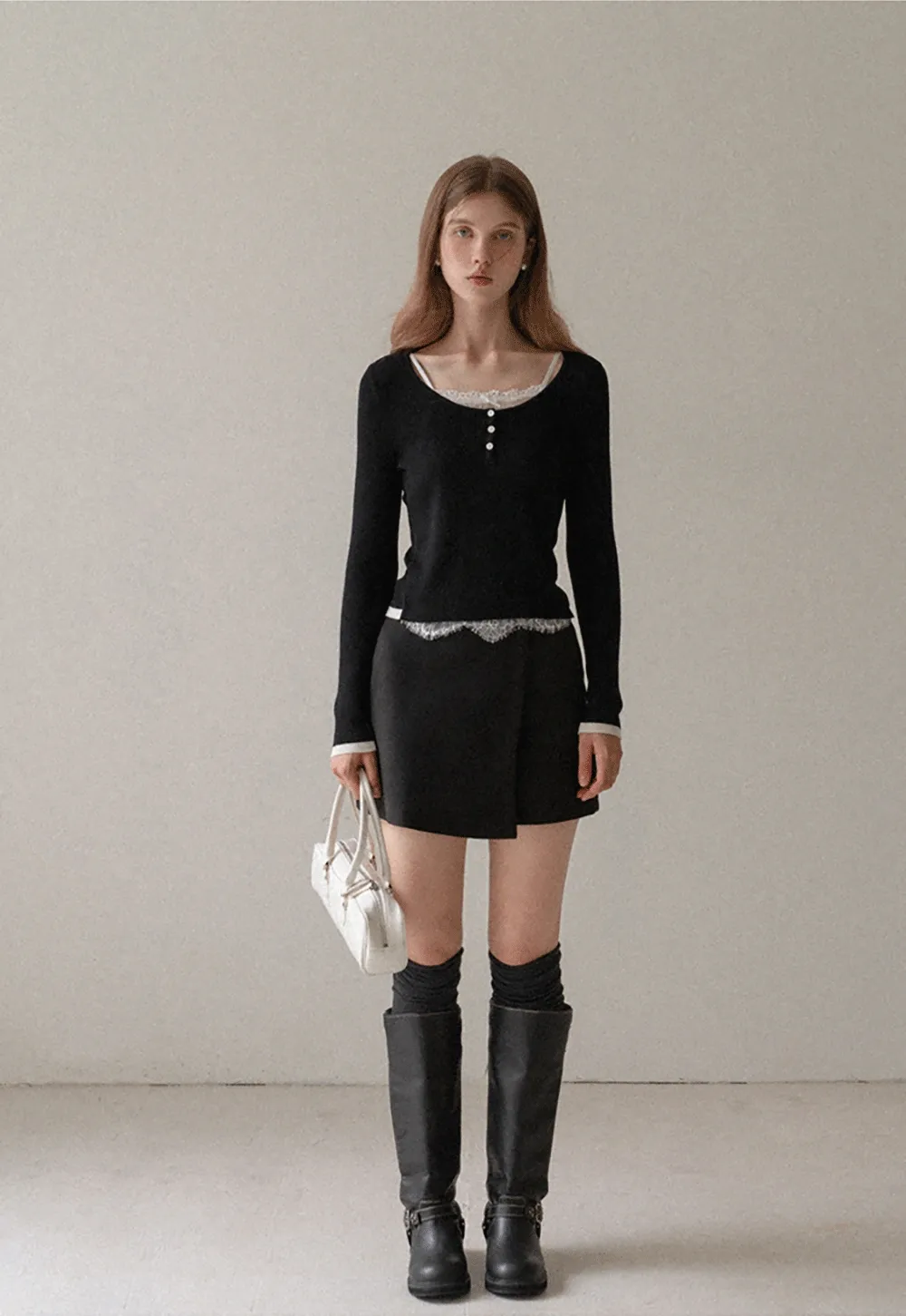 Women Lace Trim Knit Top Long Sleeve Elegant Style