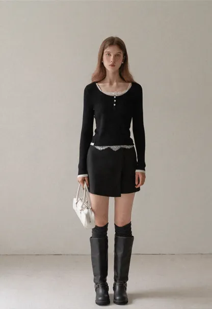 Women Lace Trim Knit Top Long Sleeve Elegant Style