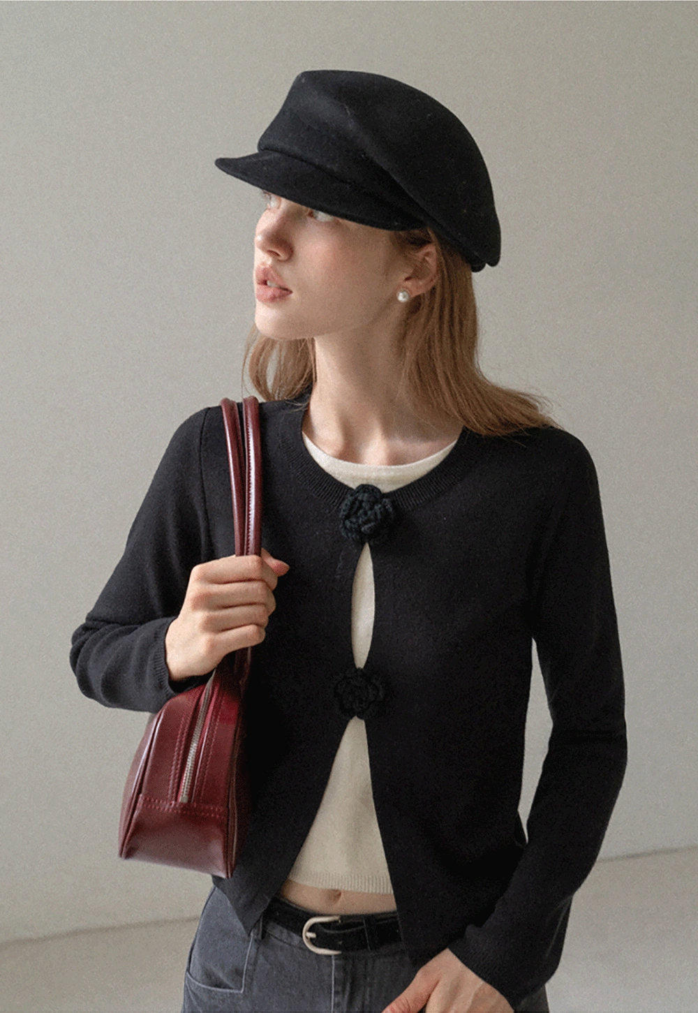 Women Knit Cardigan with Flower Button Vintage Style