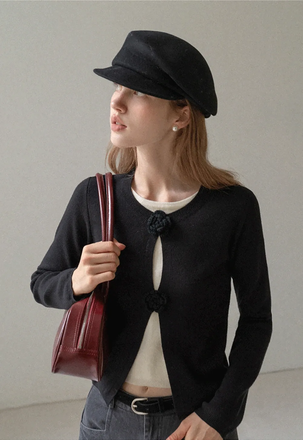 Women Knit Cardigan with Flower Button Vintage Style