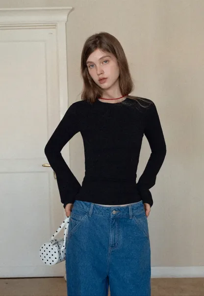 Women Slim Fit Long Sleeve Ribbed Knit Top