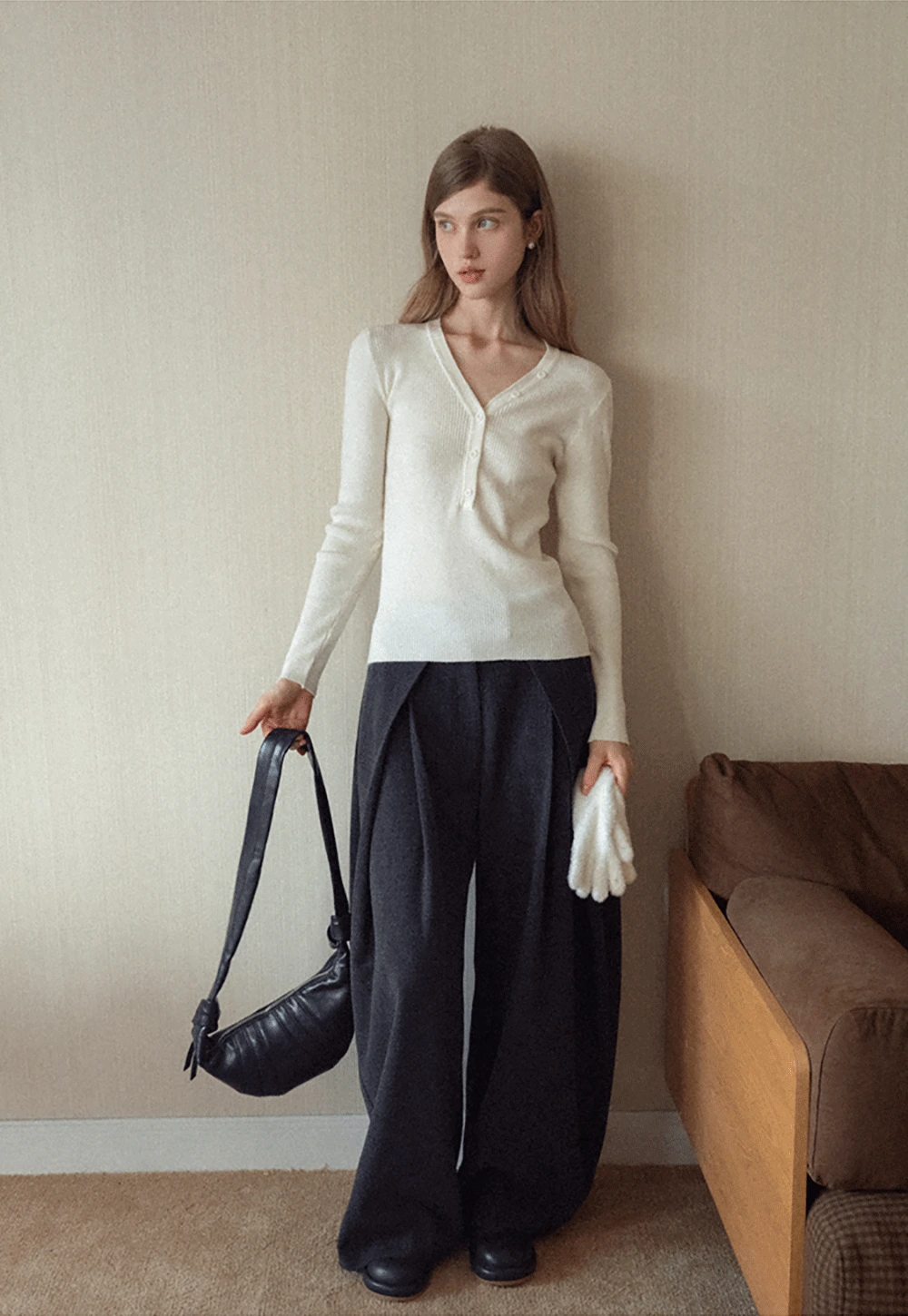 Womens Ribbed Long Sleeve V-Neck Button Top