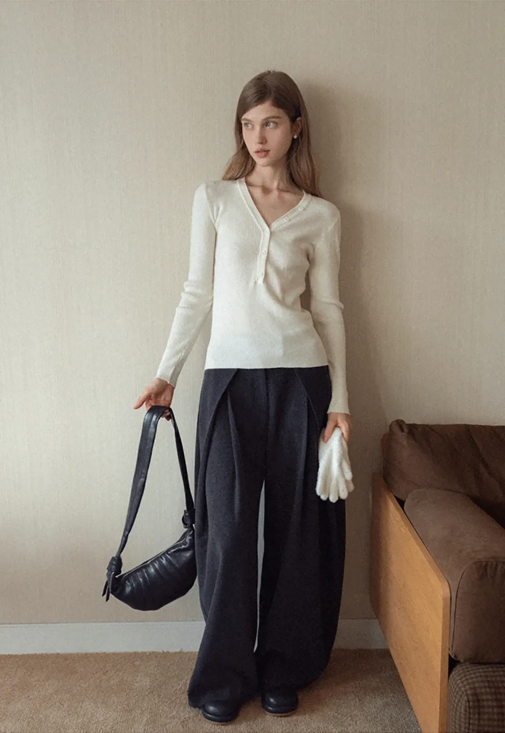 Womens Ribbed Long Sleeve V-Neck Button Top