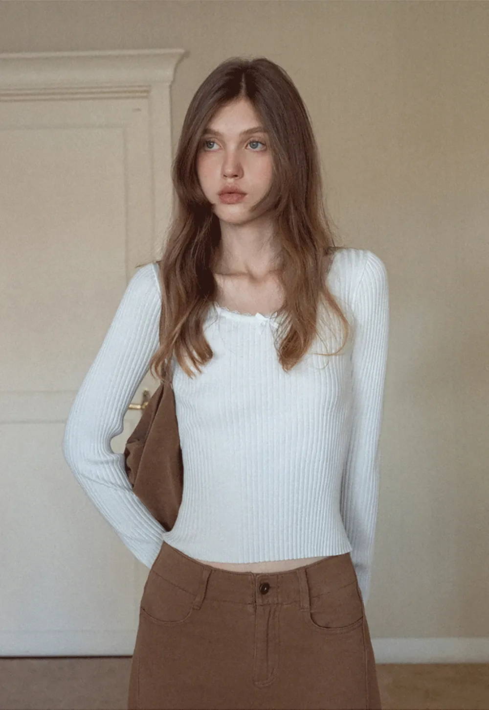 Womens Ribbed Long Sleeve Top with Bow Detail