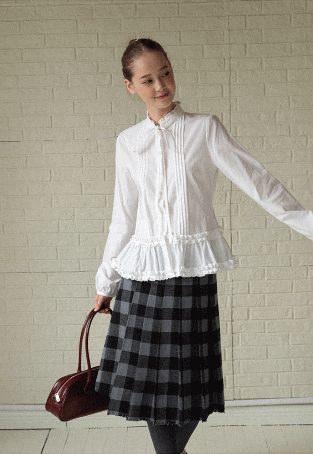 Lace Trim Ruffled Blouse with Tie Neck