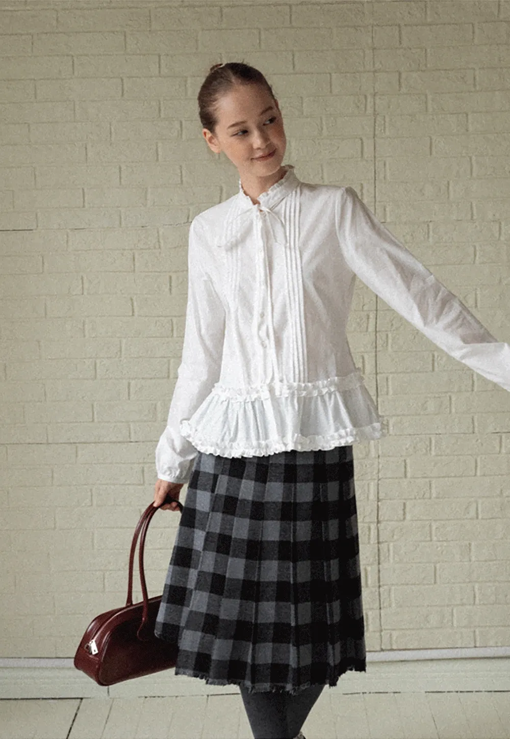 Lace Trim Ruffled Blouse with Tie Neck