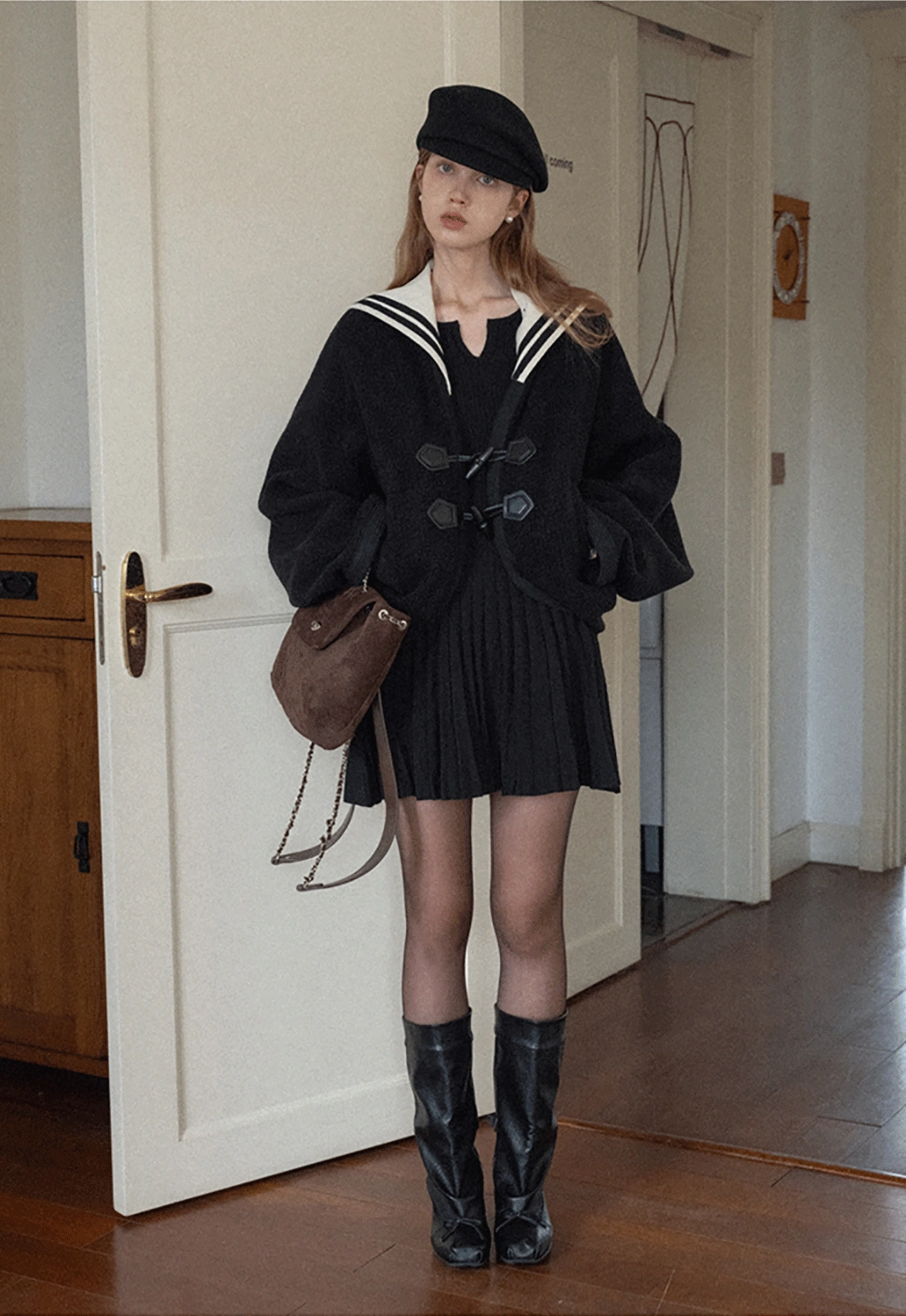 Stylish Black Woolen Coat with Sailor Collar