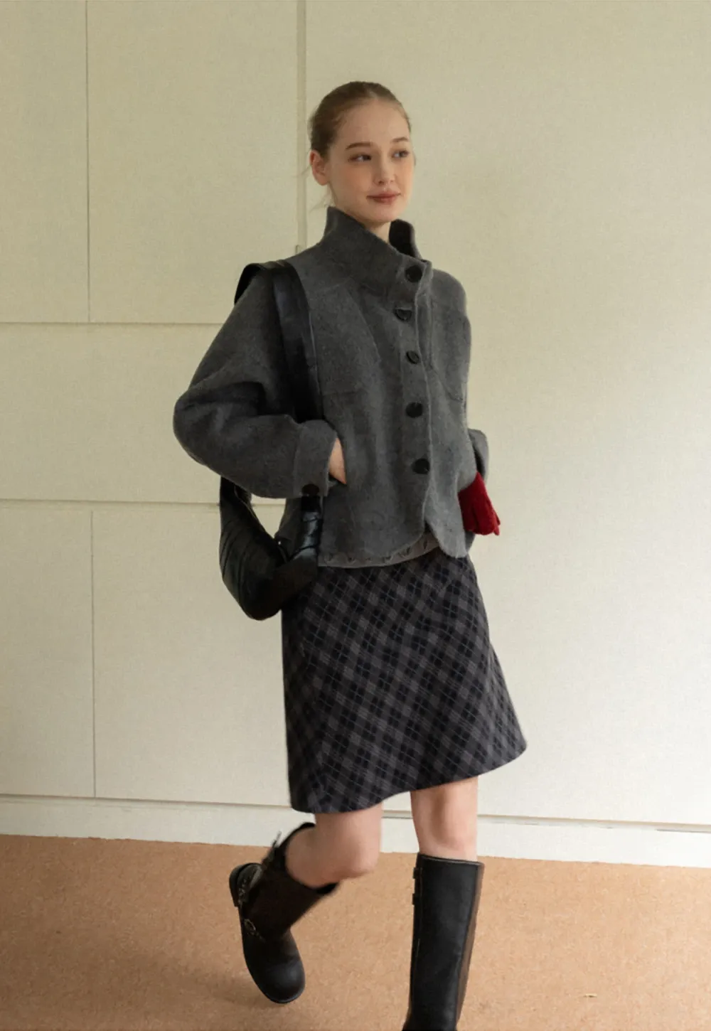 Stand Collar A-line Waist Cinching Cropped Double-Faced Coat