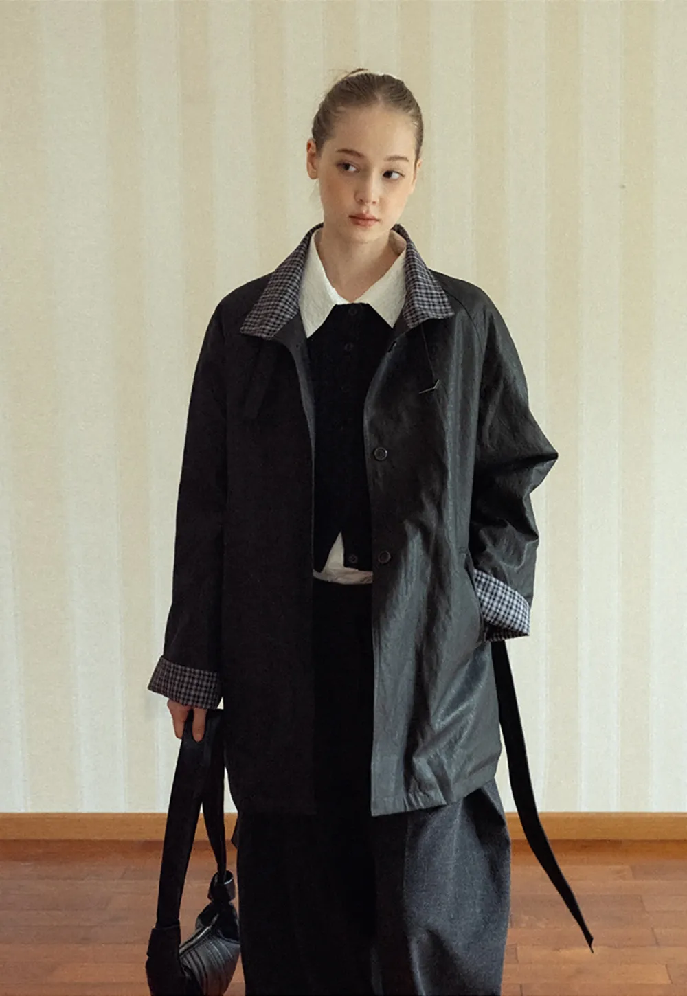Stand Collar Mid-Length Coat with Plaid Splice and Belt