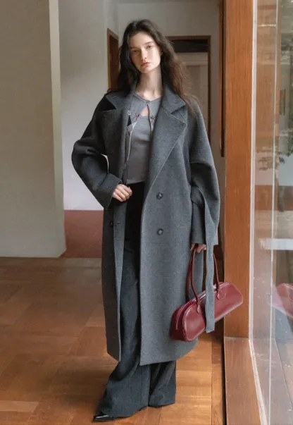 Women Classic Wool Coat with Button Details and Waist Belt