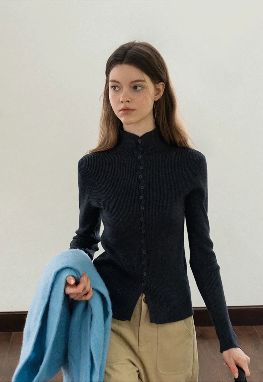 Stand-Collar Twist Button Knit Top