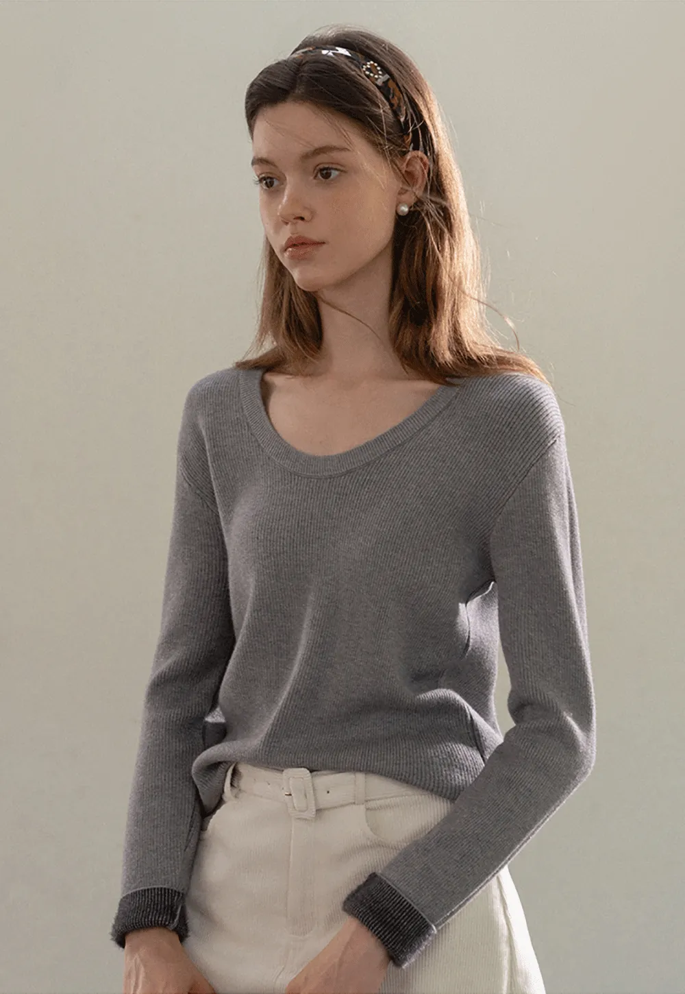 Ribbed Scoop Neck Long-Sleeve Top