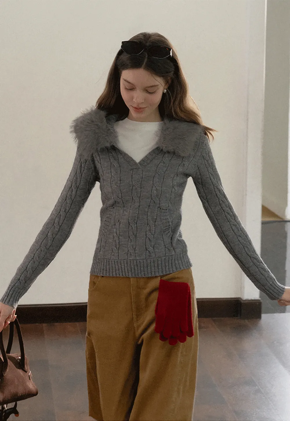 Faux Fur Collar Cable-Knit Sweater