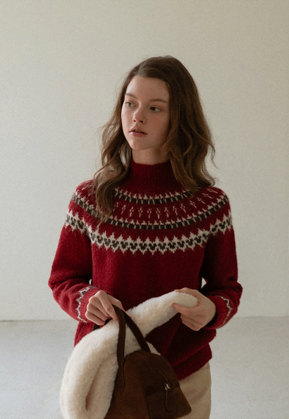 Red Knit Sweater with Fair Isle Pattern