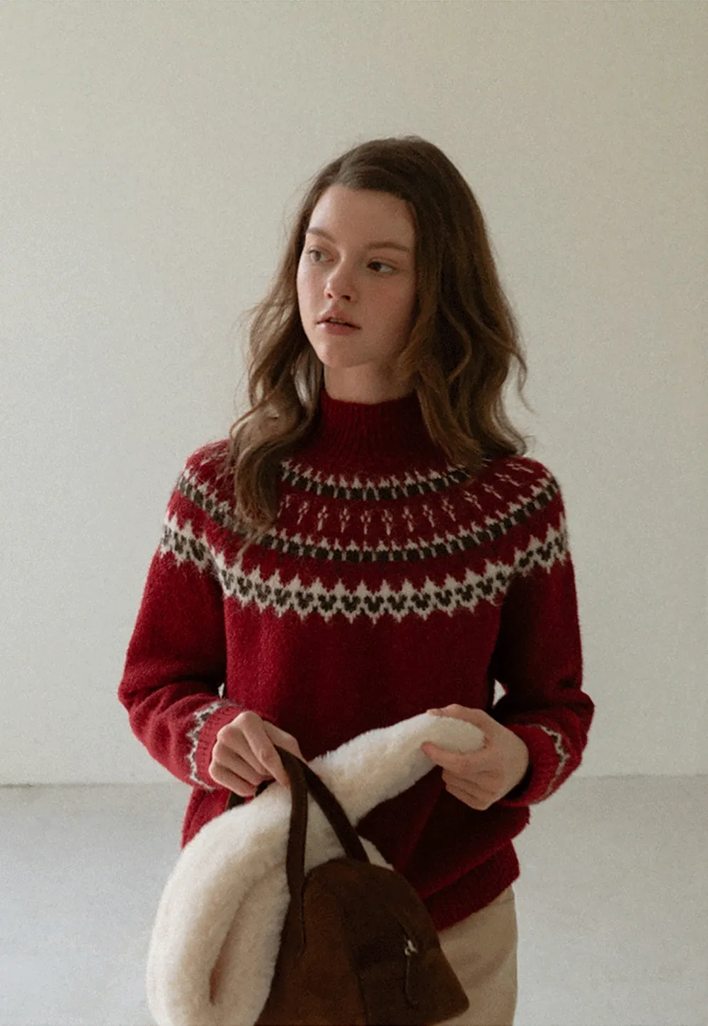 Red Knit Sweater with Fair Isle Pattern