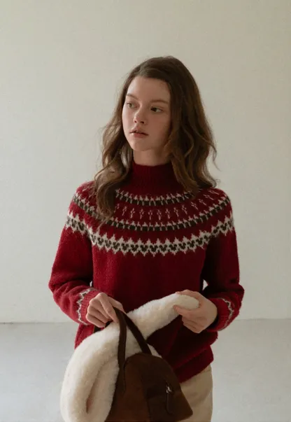 Red Knit Sweater with Fair Isle Pattern