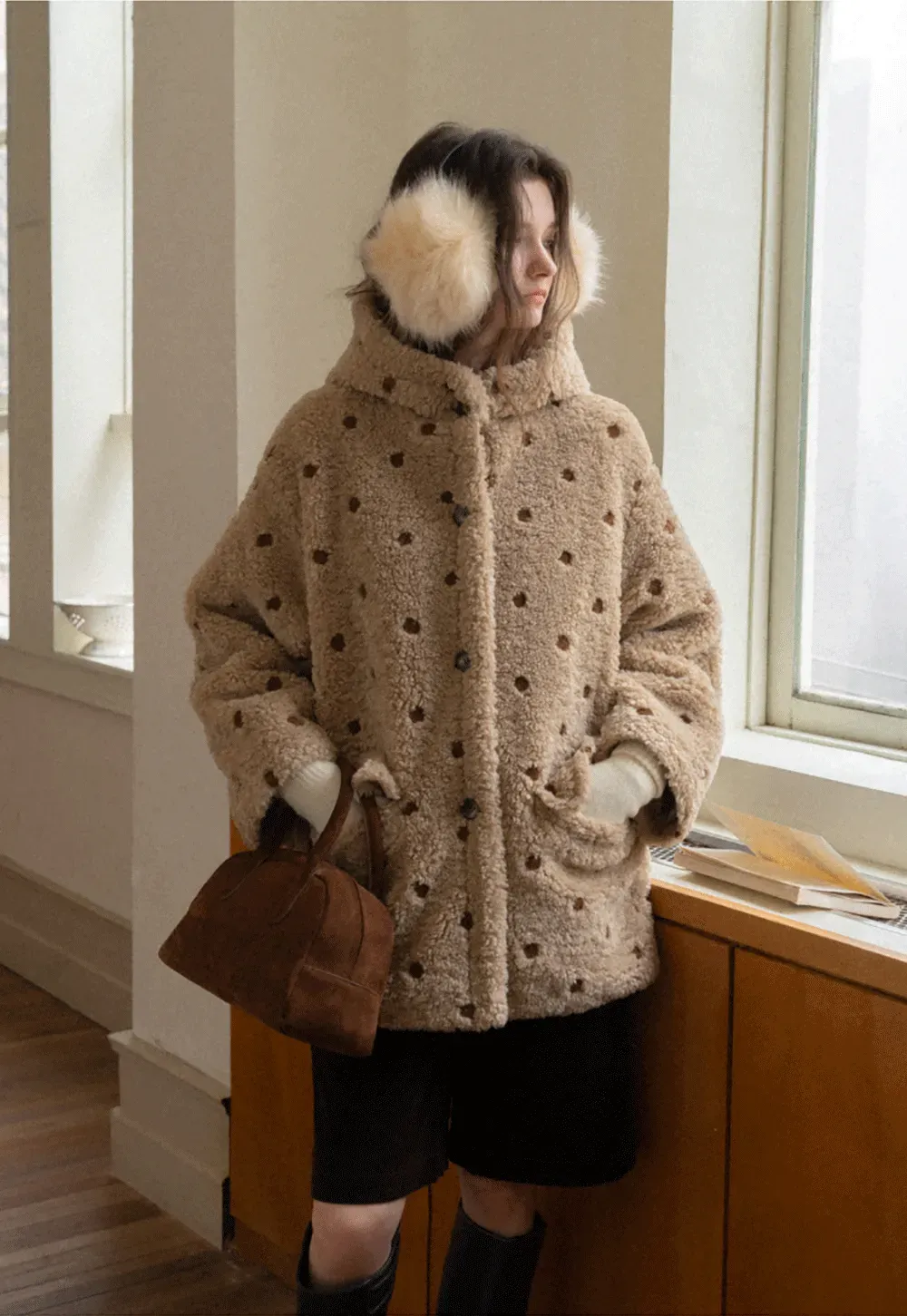 Polka Dot Teddy Fleece Hooded Coat