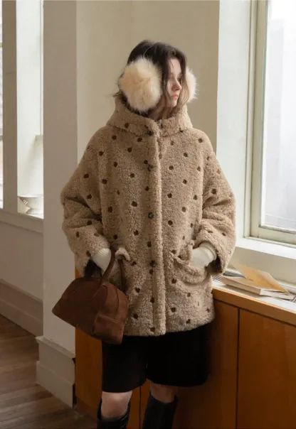 Polka Dot Teddy Fleece Hooded Coat