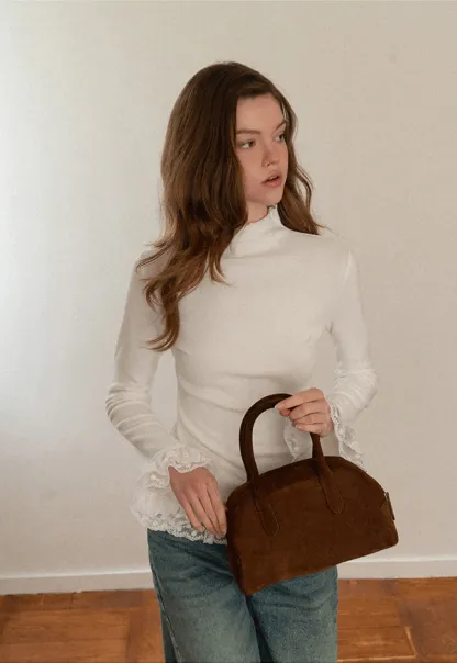 Women White Lace Trim Mock Neck Long Sleeve Top