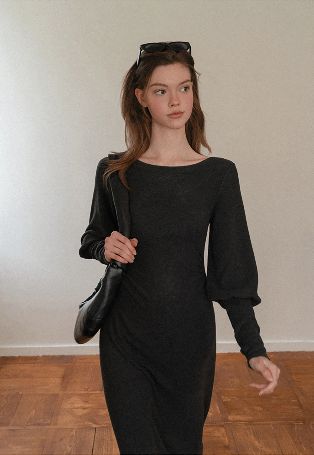 Women Long Sleeve Maxi Dress in Dark Gray