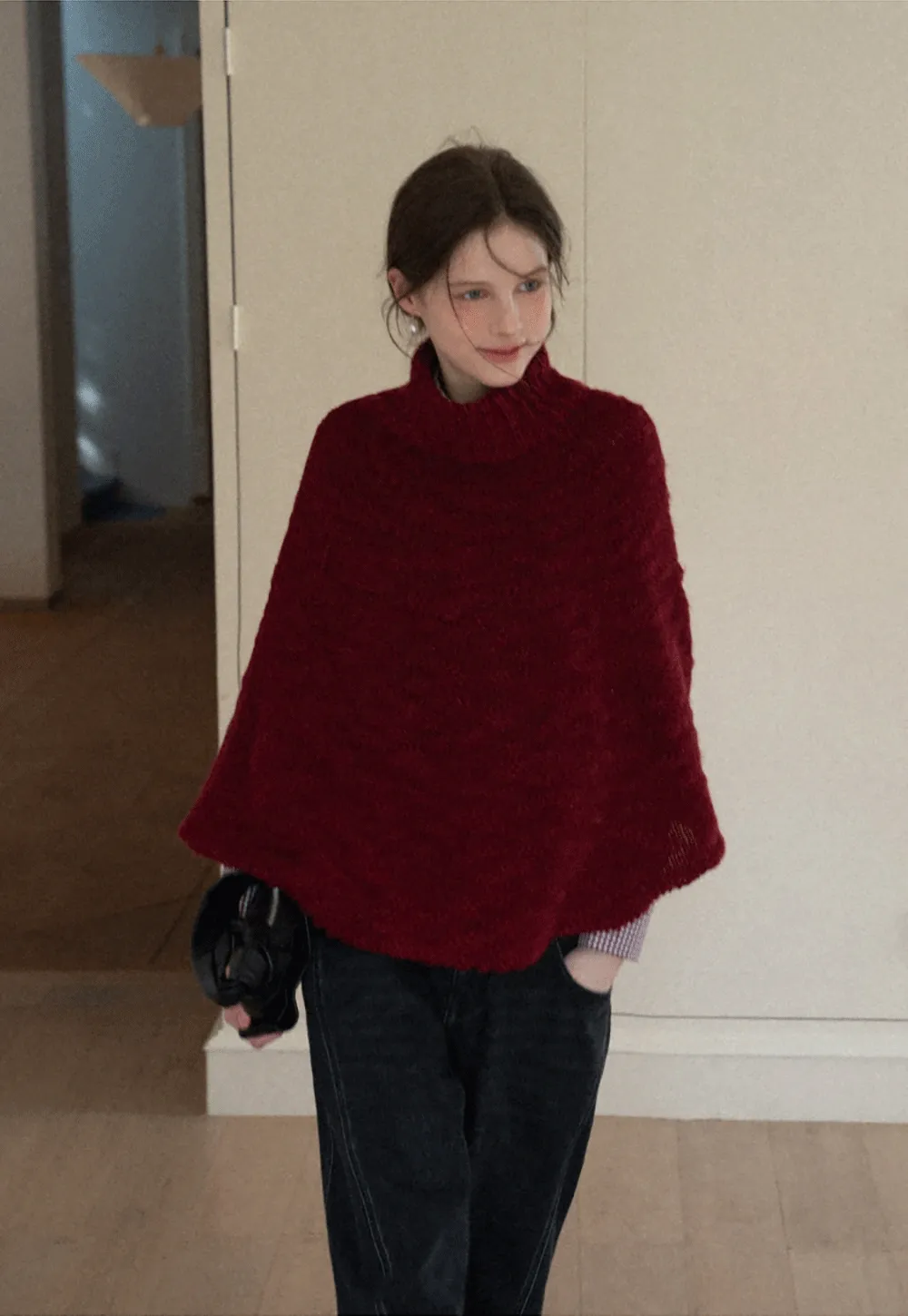 Soft Red Knitted Poncho with Turtleneck