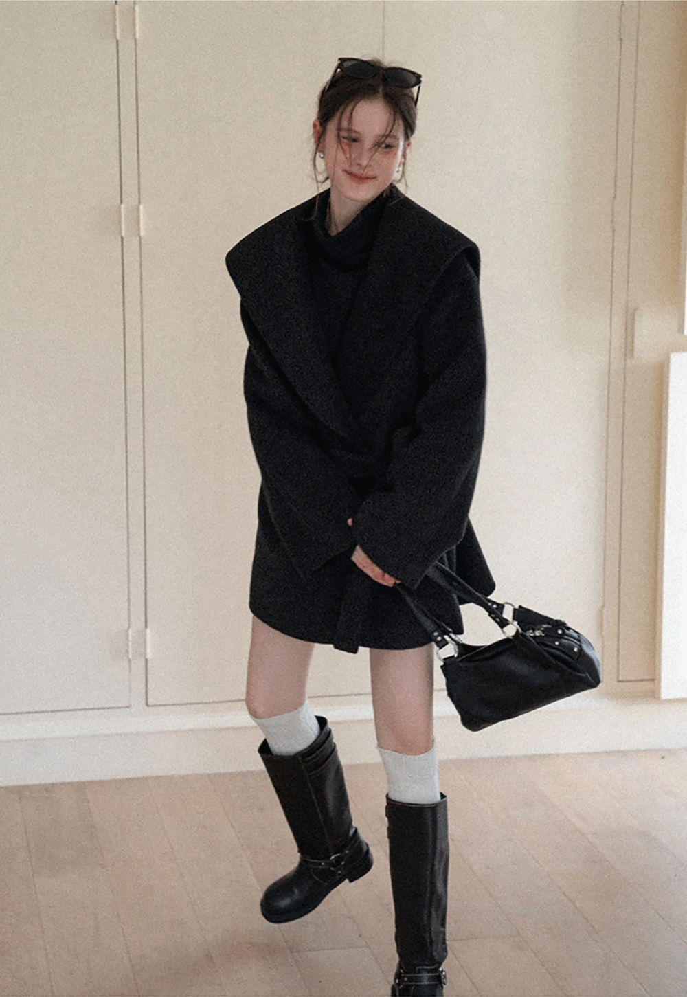 Cozy Black Oversized Coat with Knee-High Boots