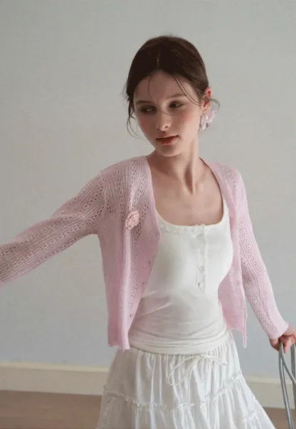 V Neck Cropped Knit Cardigan with Floral Button