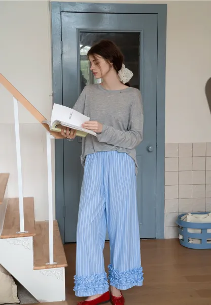 Striped Wide-Leg Pants with Ruffle Hem