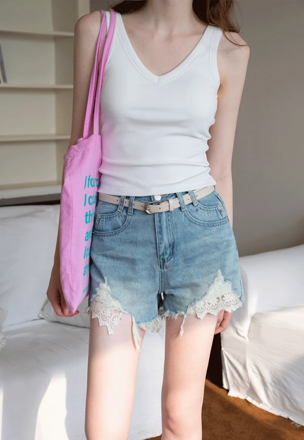 Women’s High‑Waist Ripped Lace Denim Shorts