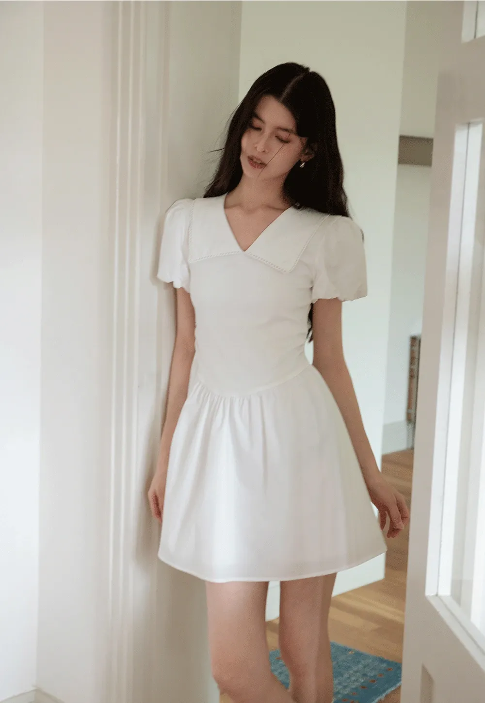 French V-Neck Puff Sleeve White Dress