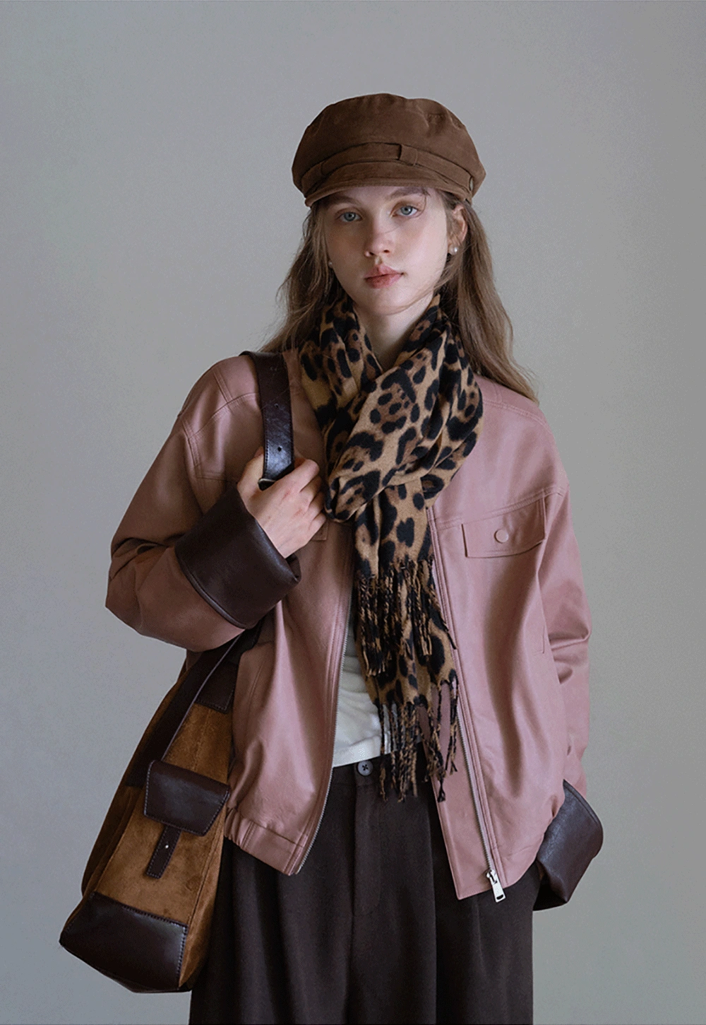 Womens Faux Leather Jacket with Zipper Front and Contrast Cuffs