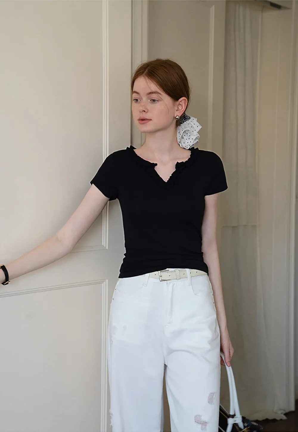 V-Ruffle Trim Fitted Top