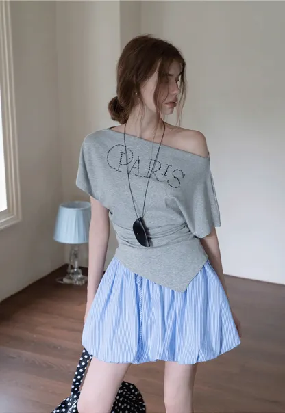 Asymmetric Off-Shoulder T-Shirt with Paris Rhinestone Lettering