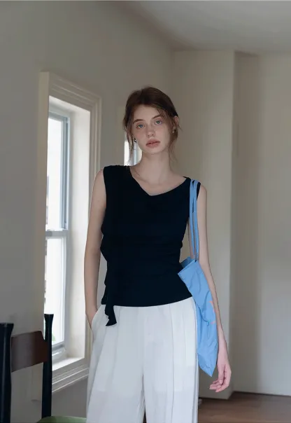 Women’s Drape Neck Sleeveless Top with Flower Accent