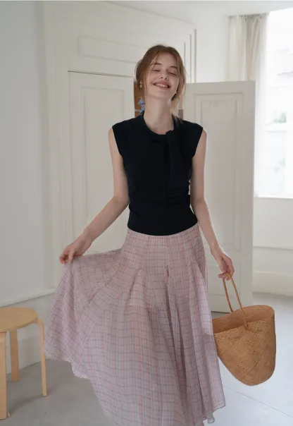 Women’s Plaid Chiffon Summer Midi Skirt
